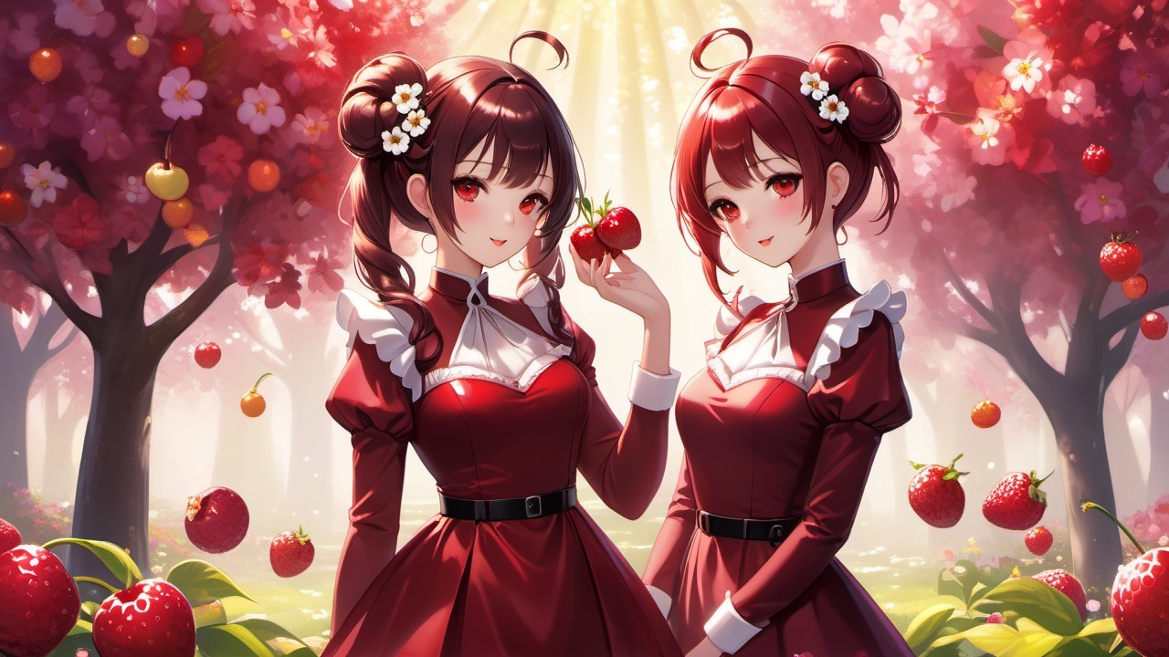 Twin girls in red dresses in a cherry orchard