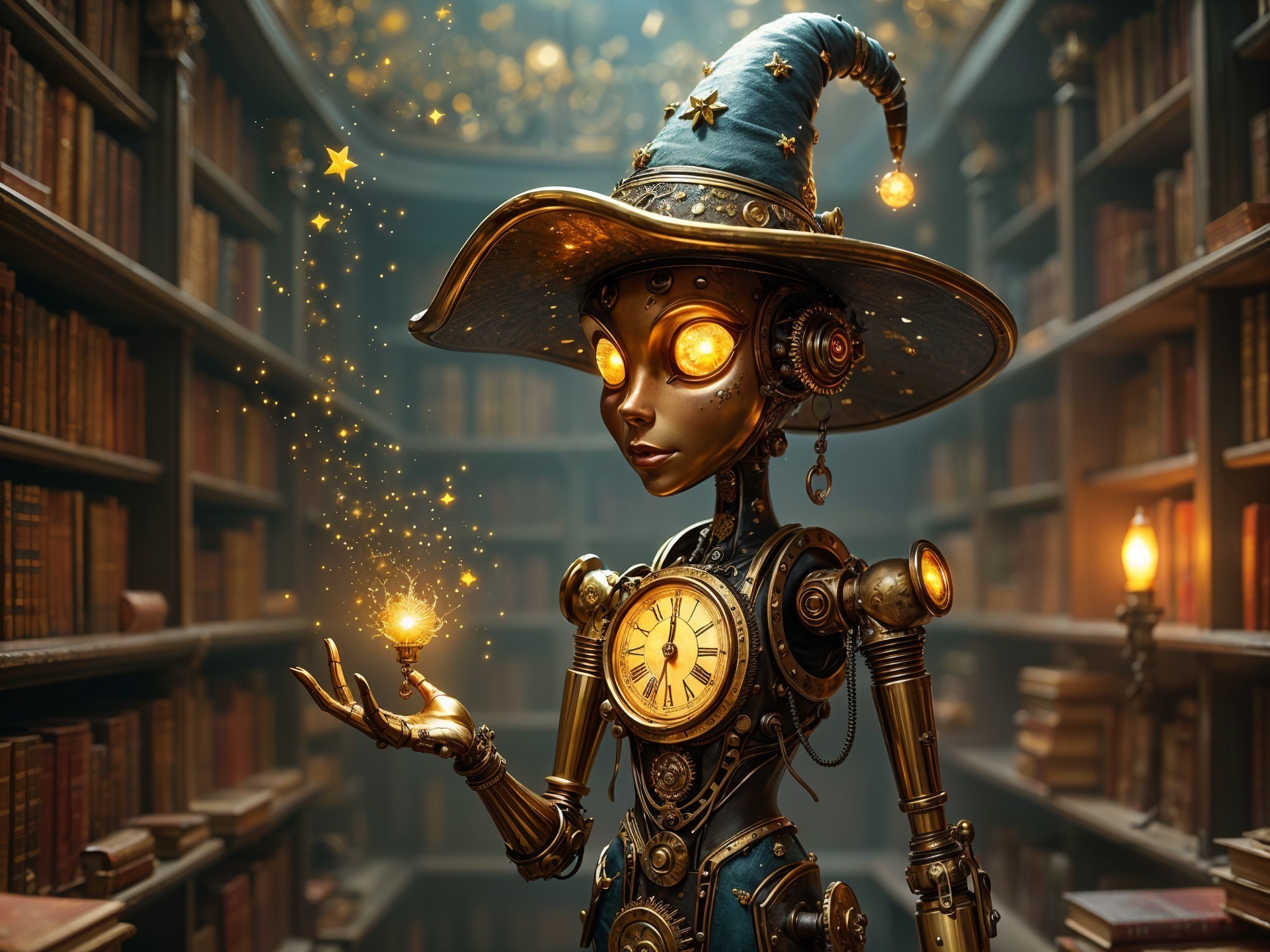 Steampunk Robot in a Mystical Library Setting