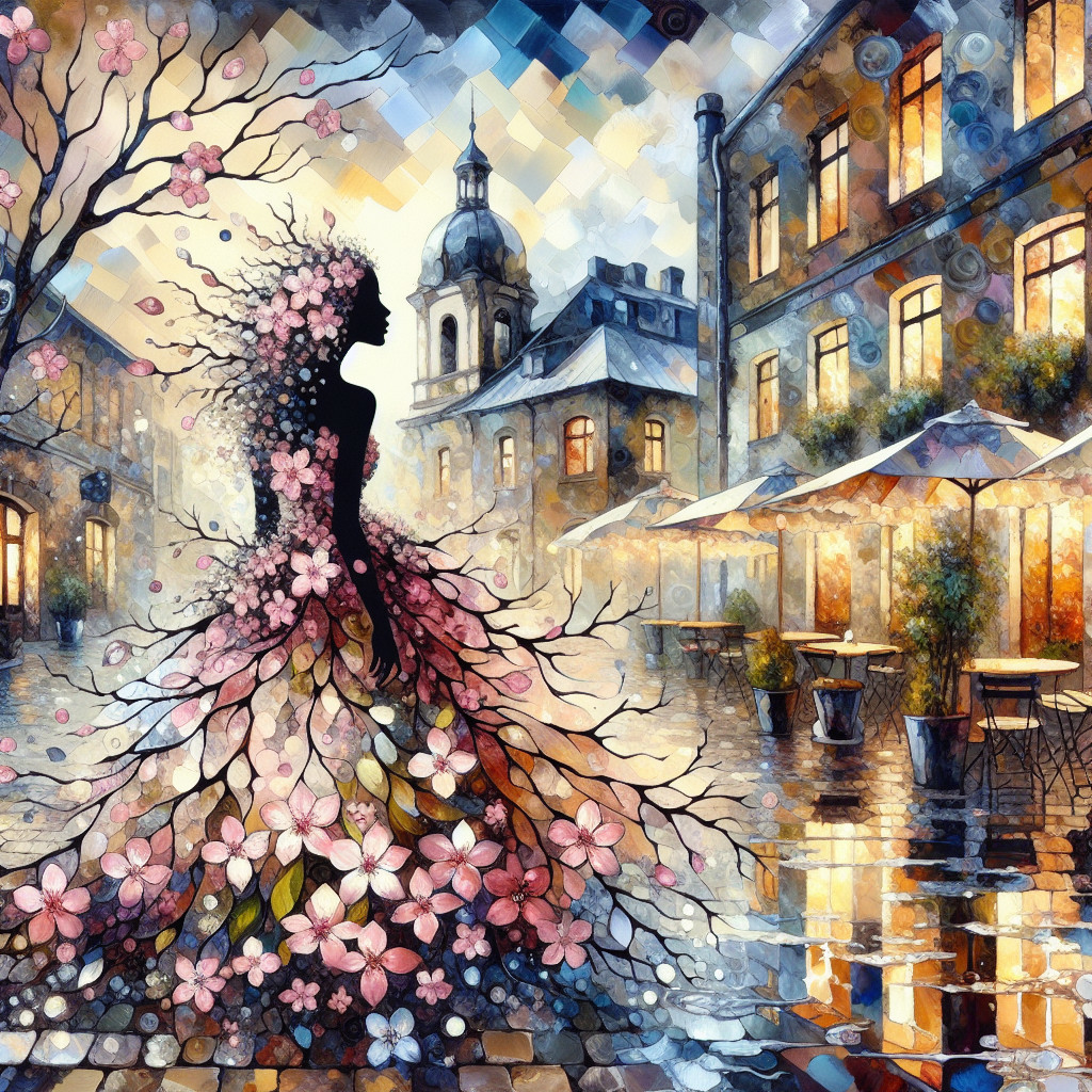 Silhouette of Woman in Floral Gown on Rainy Street