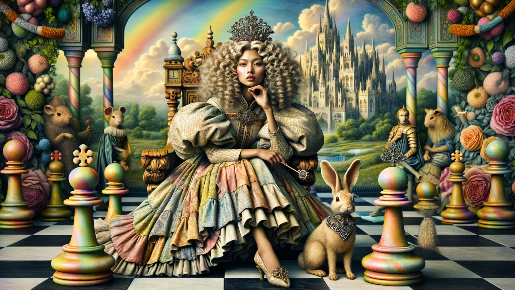 Regal Figure on Ornate Throne with Fairytale Elements