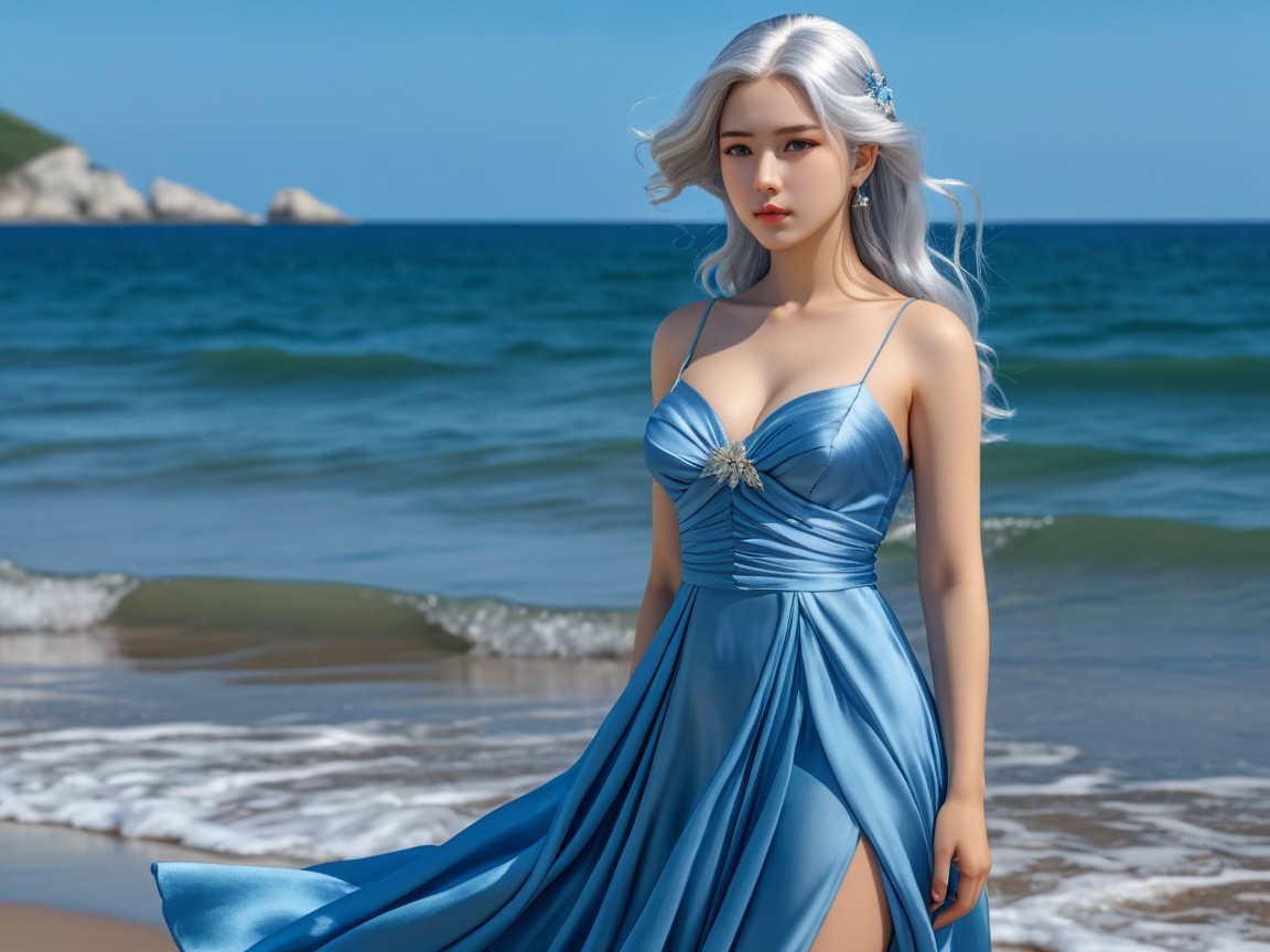 Young woman in blue dress by the ocean horizon