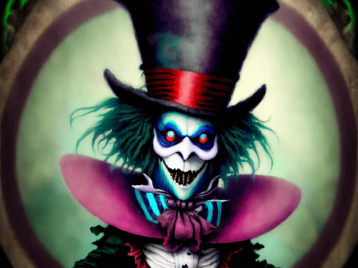 Sinister figure with green hair and glowing red eyes