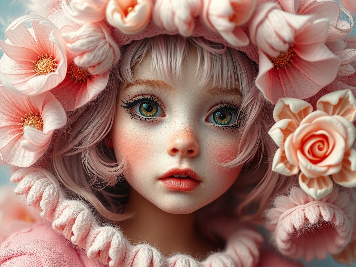 Delicate Doll Figure with Floral Hood and Pastel Hair