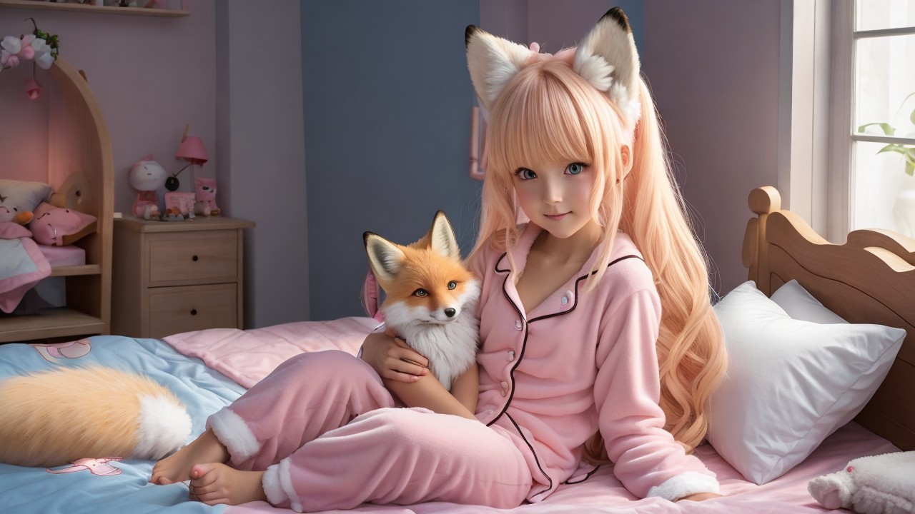 Young girl with pink hair and fox ears in cozy room