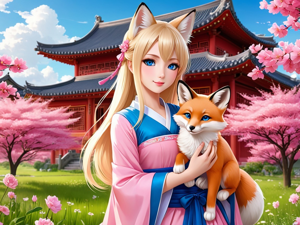 Young Woman with Fox Ears in Cherry Blossom Scene