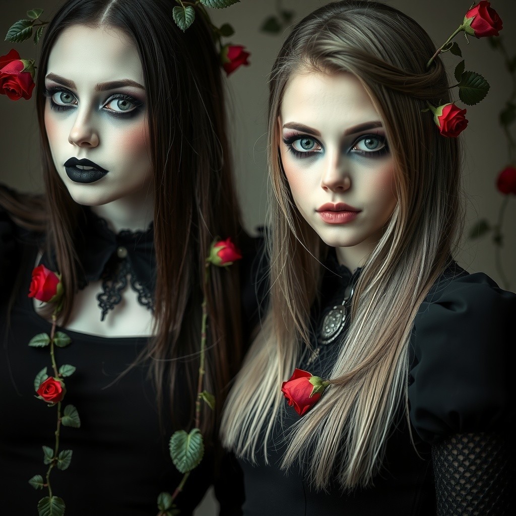 Elegant Black Dresses with Dark Makeup and Roses