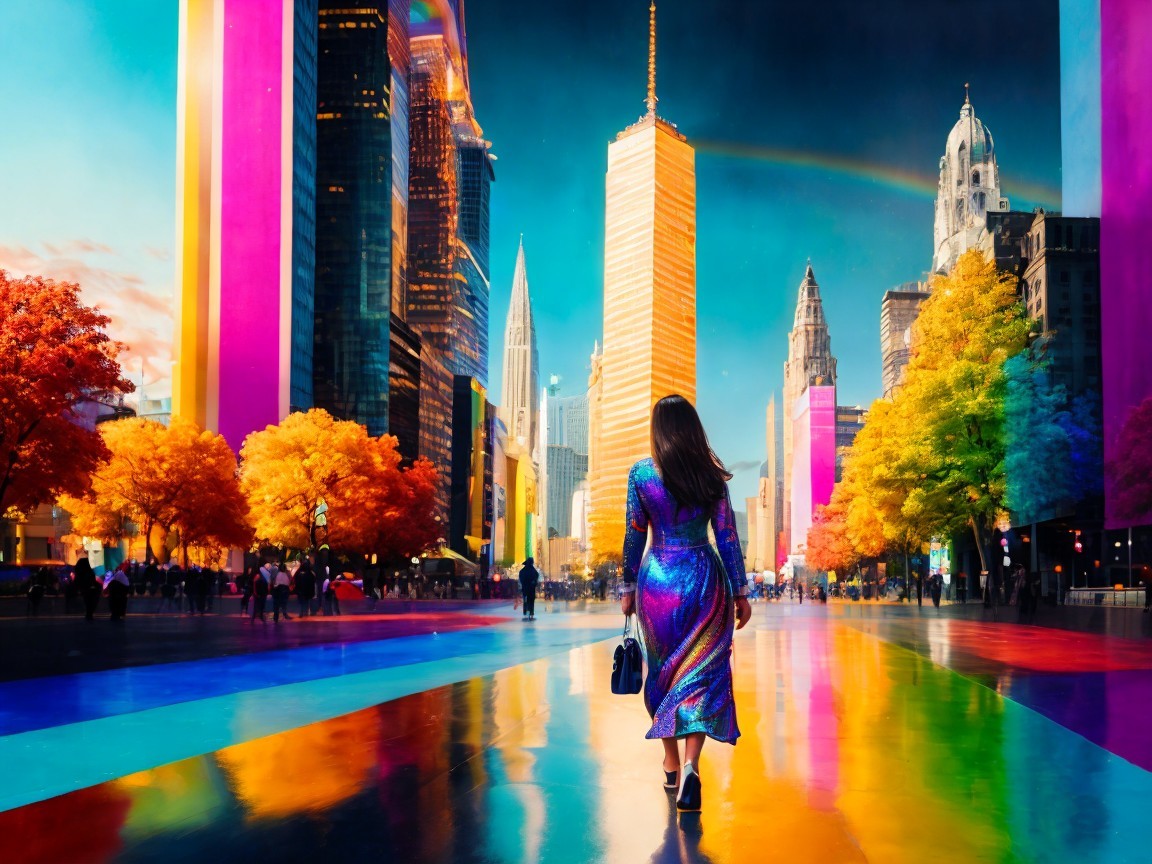 Surreal Cityscape with Colorful Skyscrapers and Trees