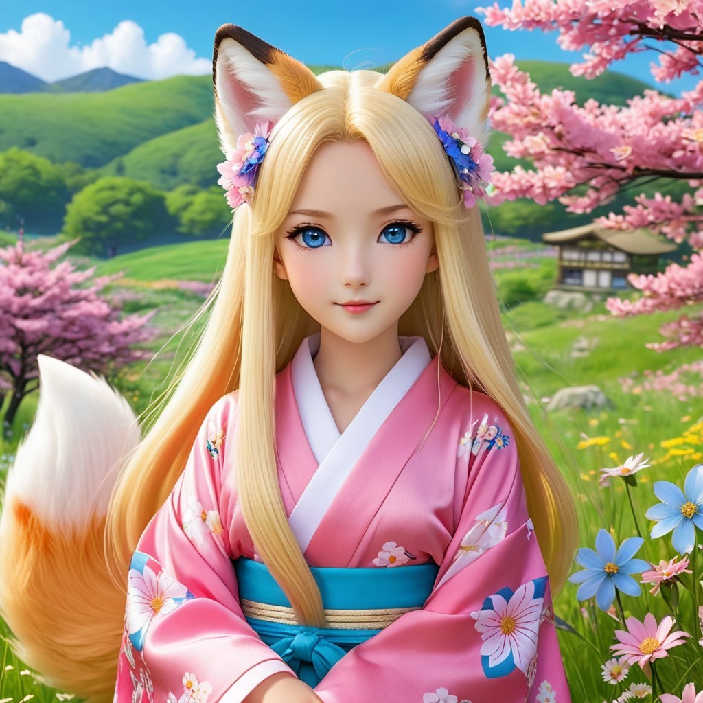 Character with Blonde Hair and Fox Ears in Kimono