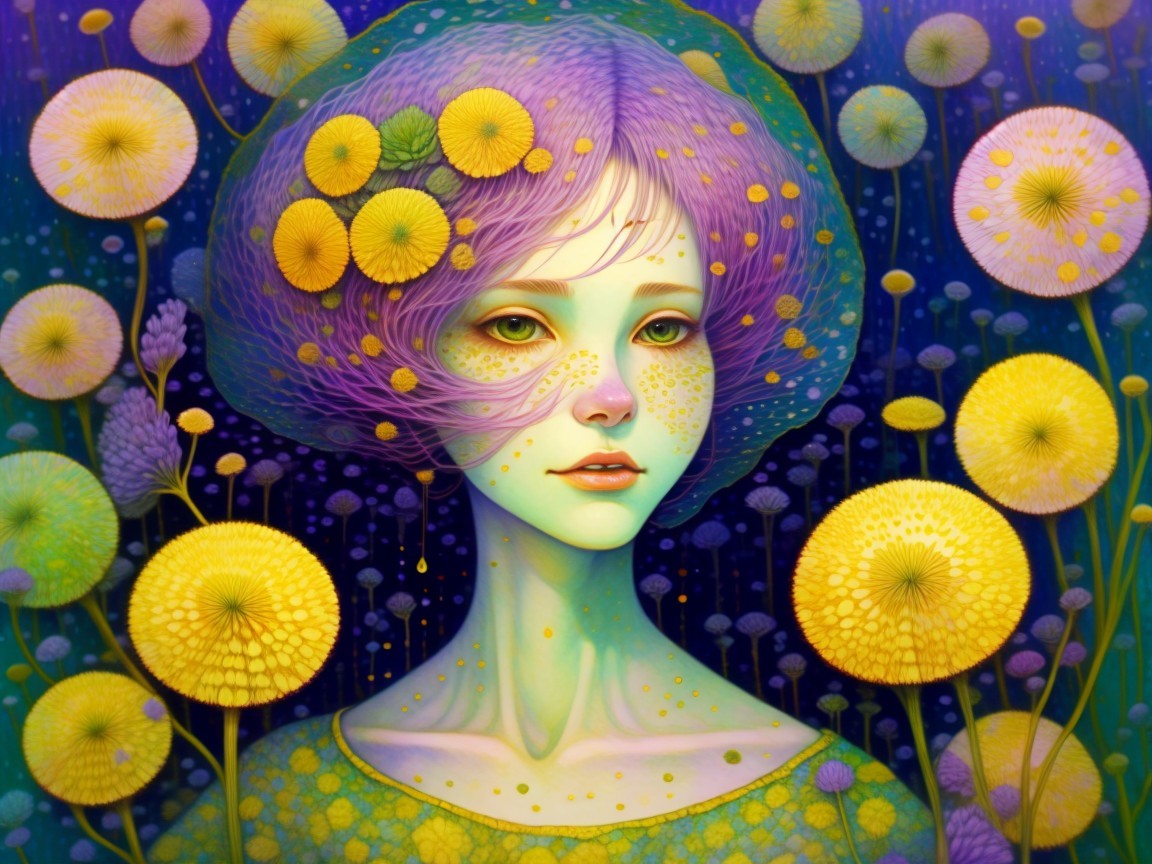 Otherworldly figure with lilac hair and flowers