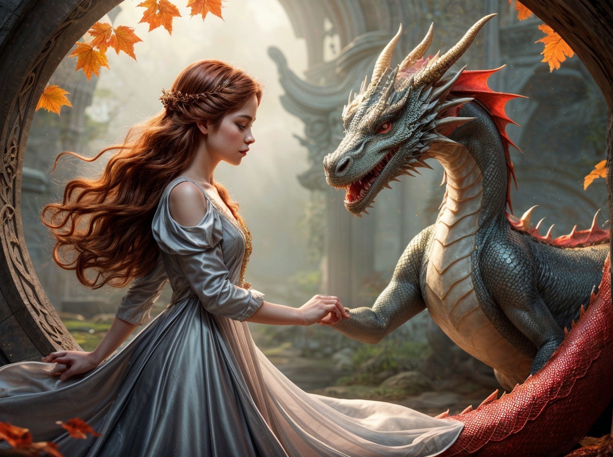 Young Woman and Dragon in Enchanted Forest Setting