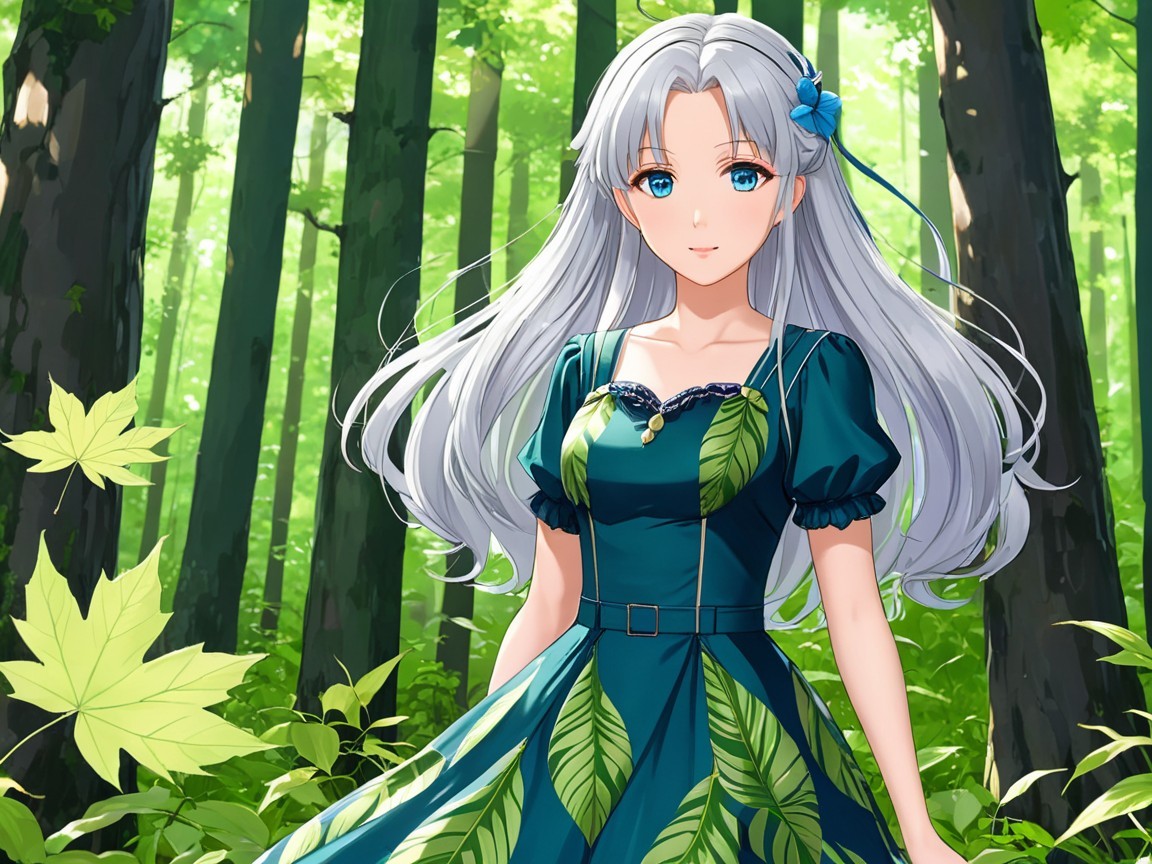 Young woman in serene forest with silver hair and dress