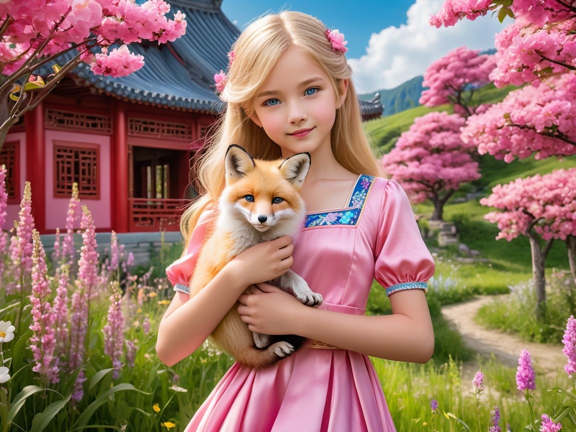 Young girl in pink gown with fox in cherry blossoms