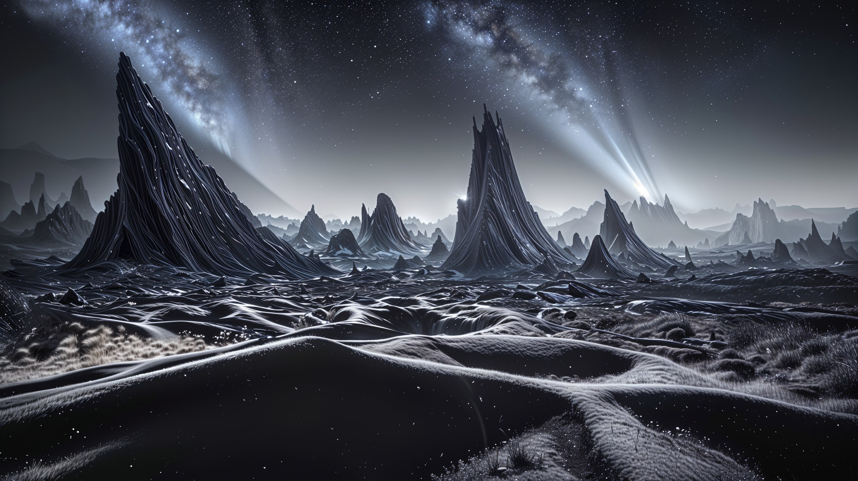 Surreal Alien Landscape with Jagged Peaks and Stars