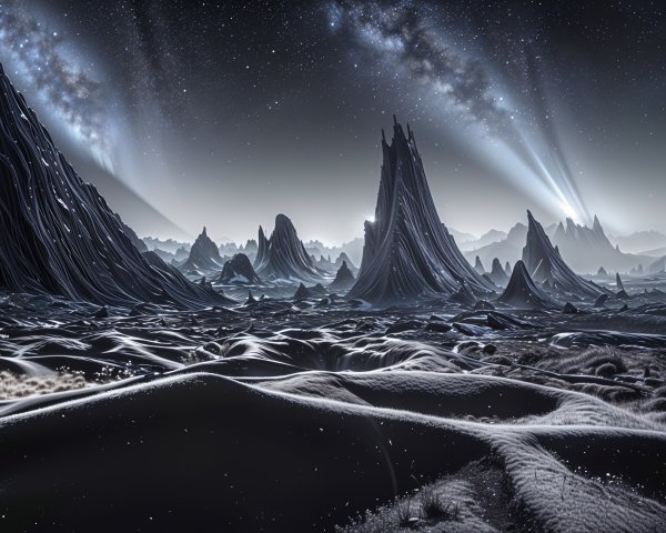 Surreal Alien Landscape with Jagged Peaks and Stars
