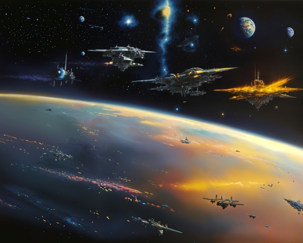 Futuristic Spacecraft in a Cosmic Scene with Earth Below