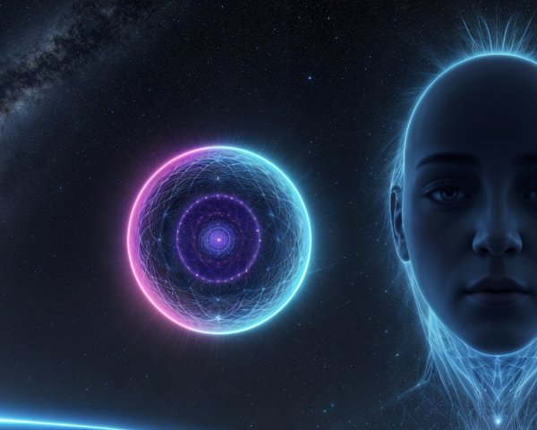 Futuristic humanoid figure with cosmic background and patterns