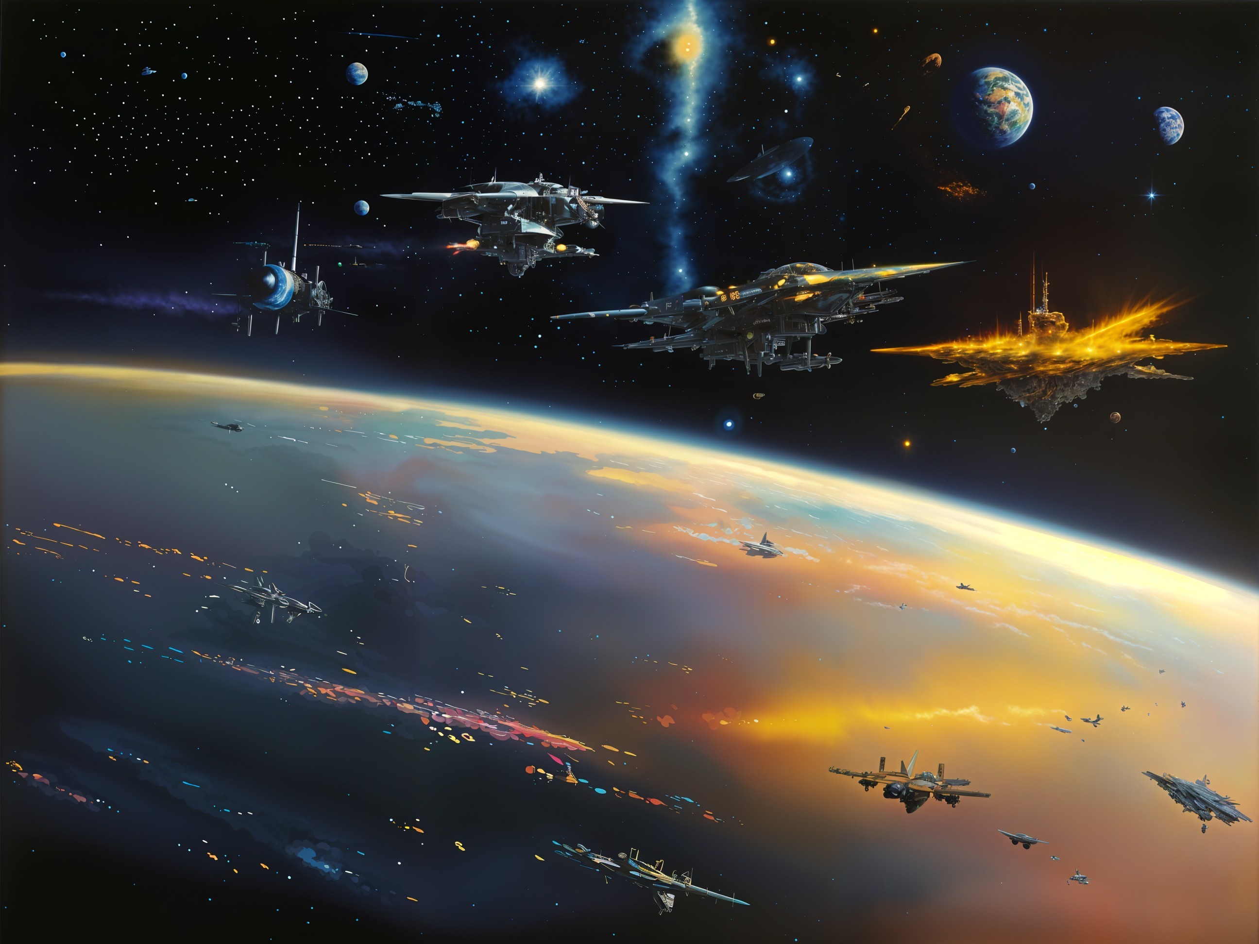 Futuristic Spacecraft in a Cosmic Scene with Earth Below