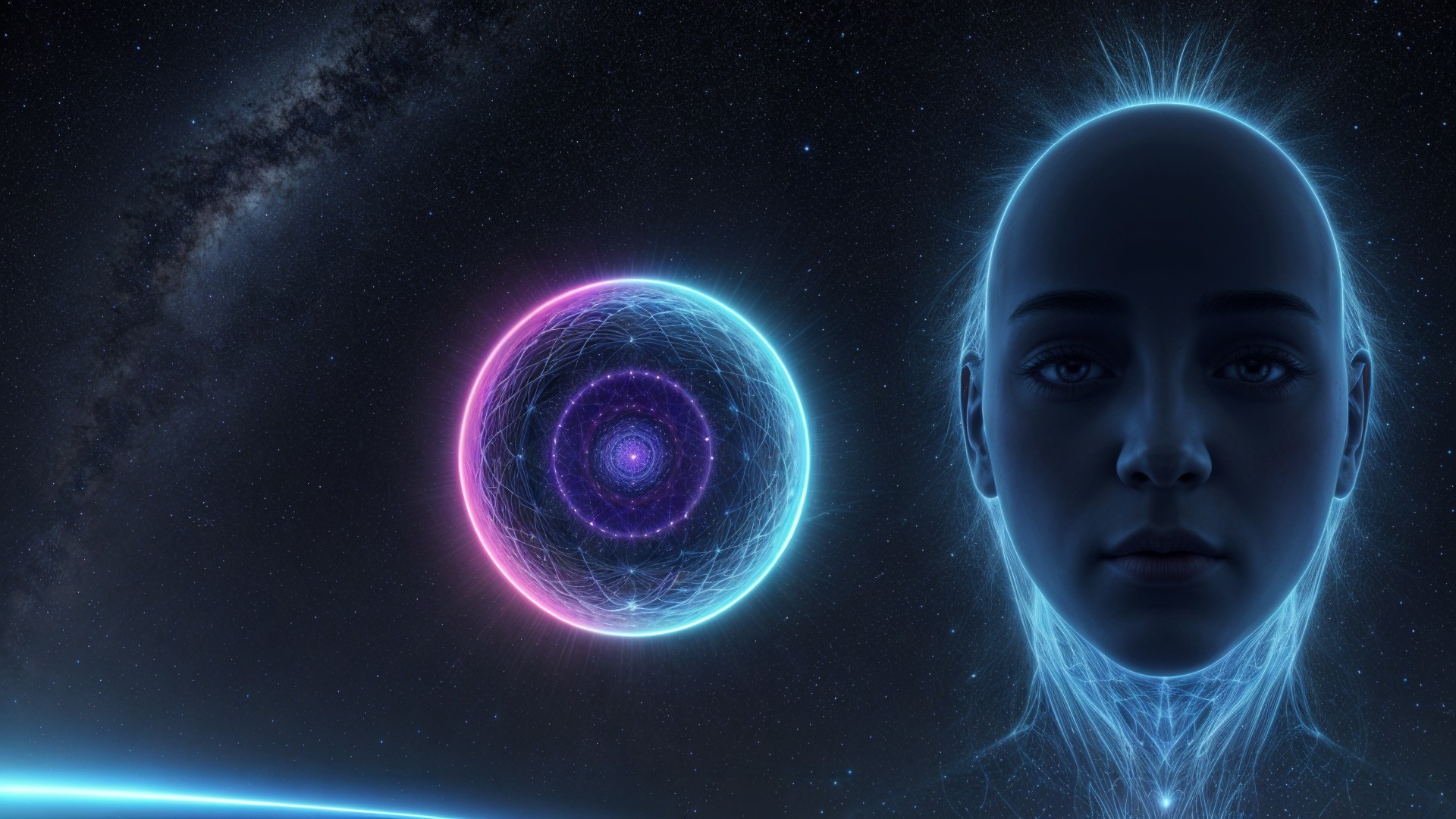 Futuristic humanoid figure with cosmic background and patterns
