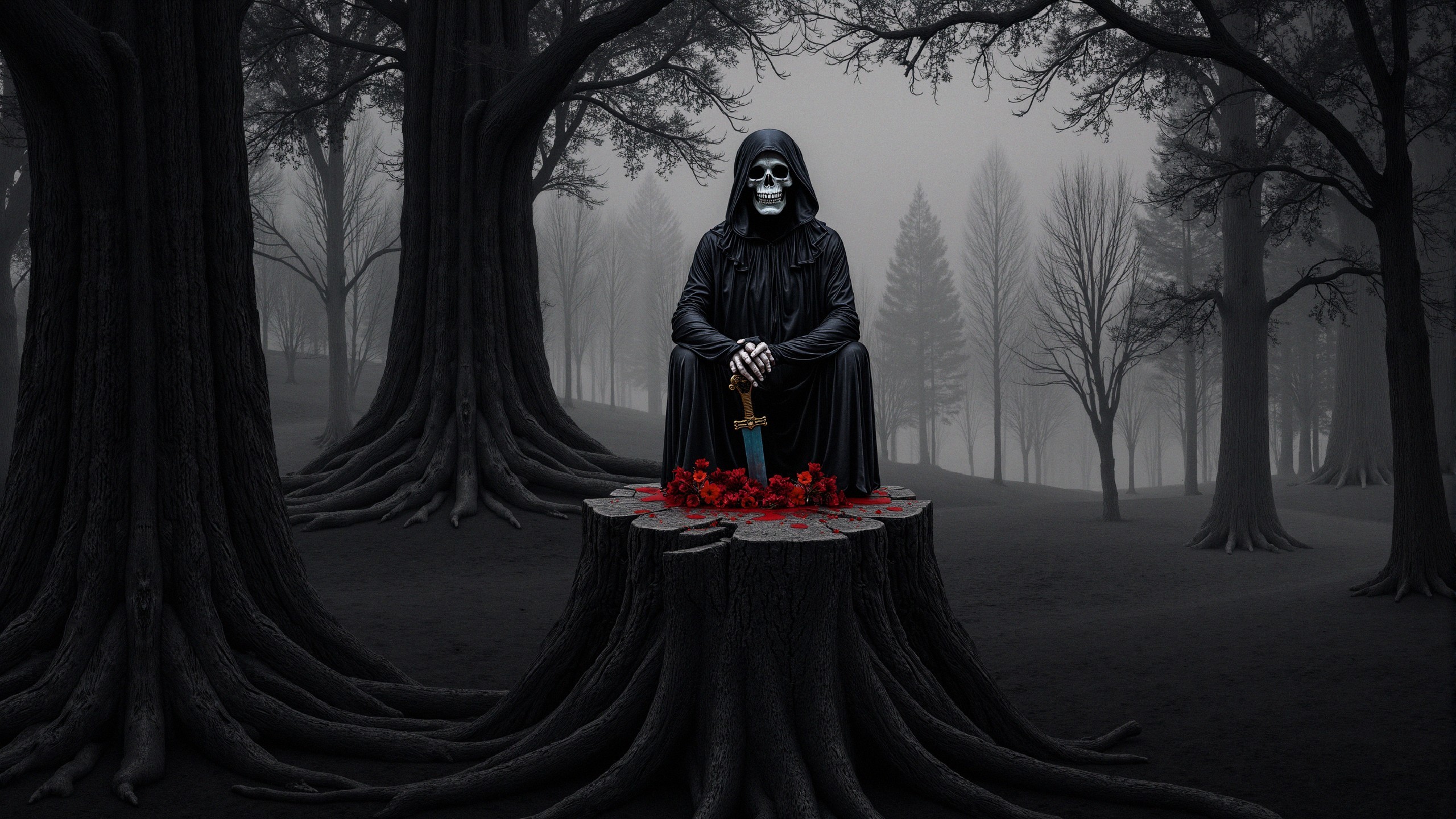 Cloaked Figure with Sword in Misty Forest Setting