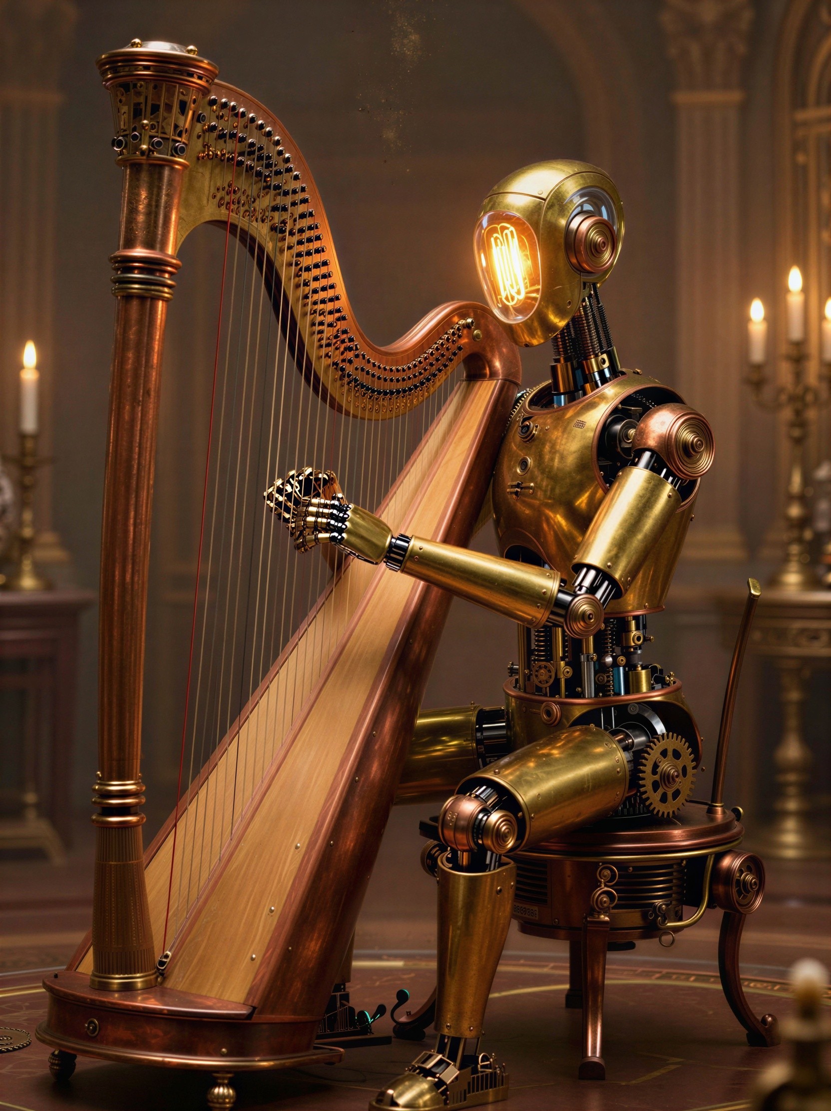 Steampunk Robot Playing Harp in Opulent Setting