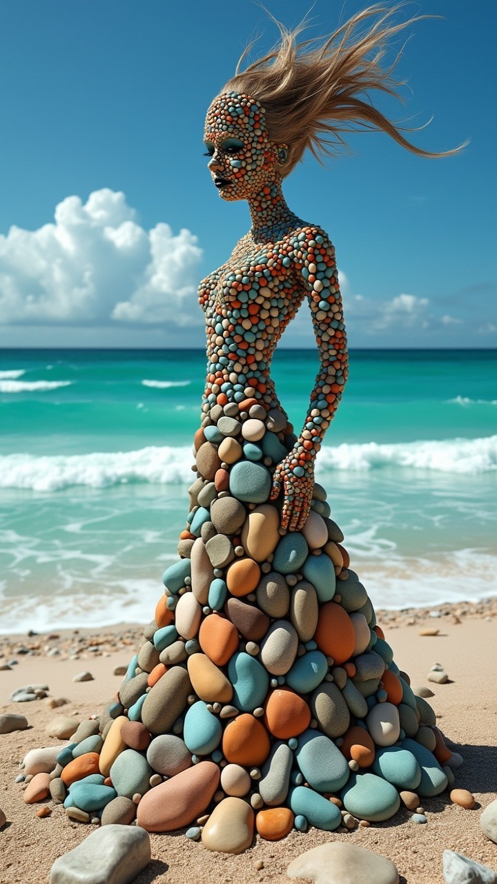 Colorful Stone Figure Resembles Gown on Beach