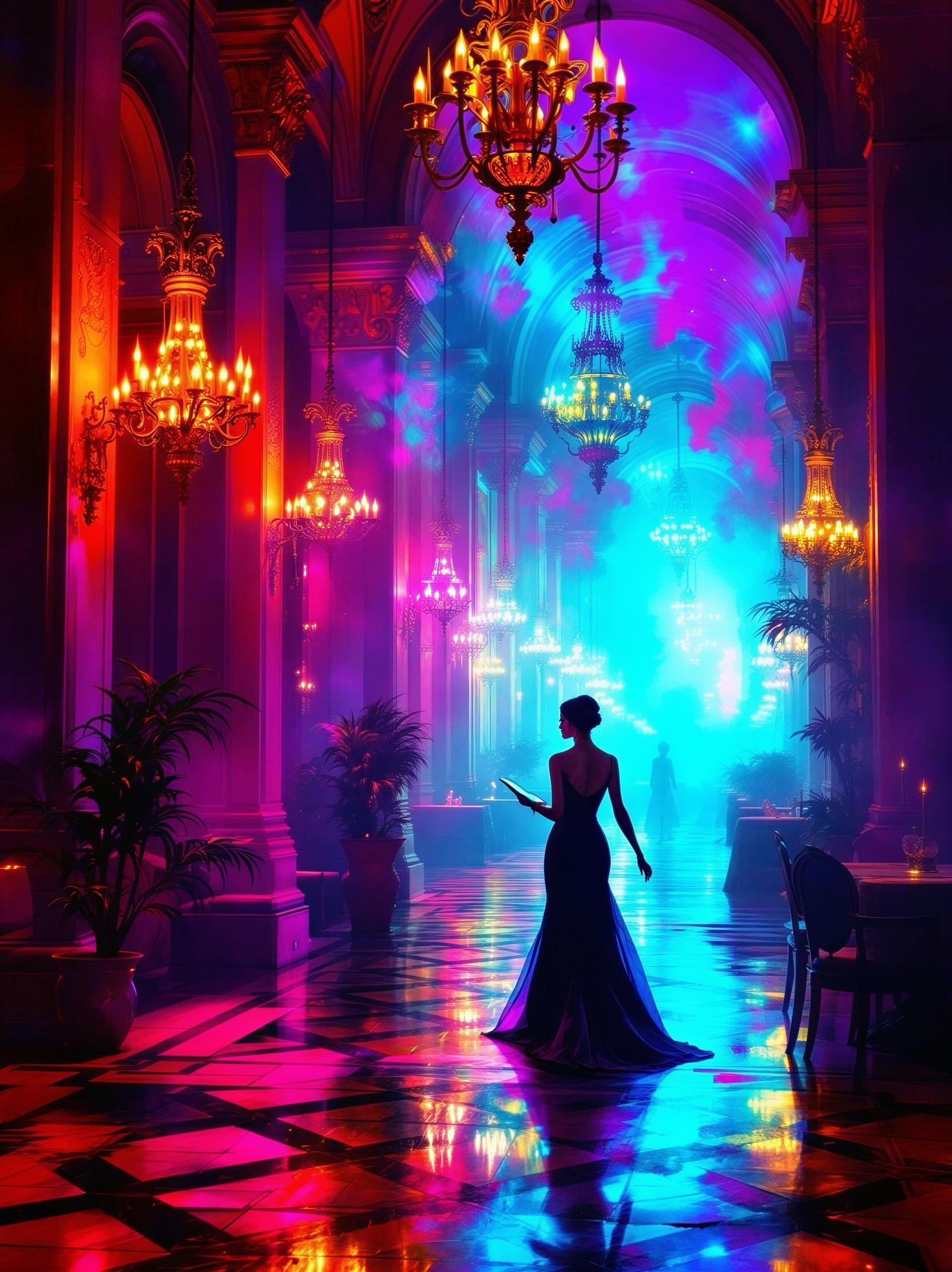 Elegant Woman in Lavish Hall with Vibrant Colors