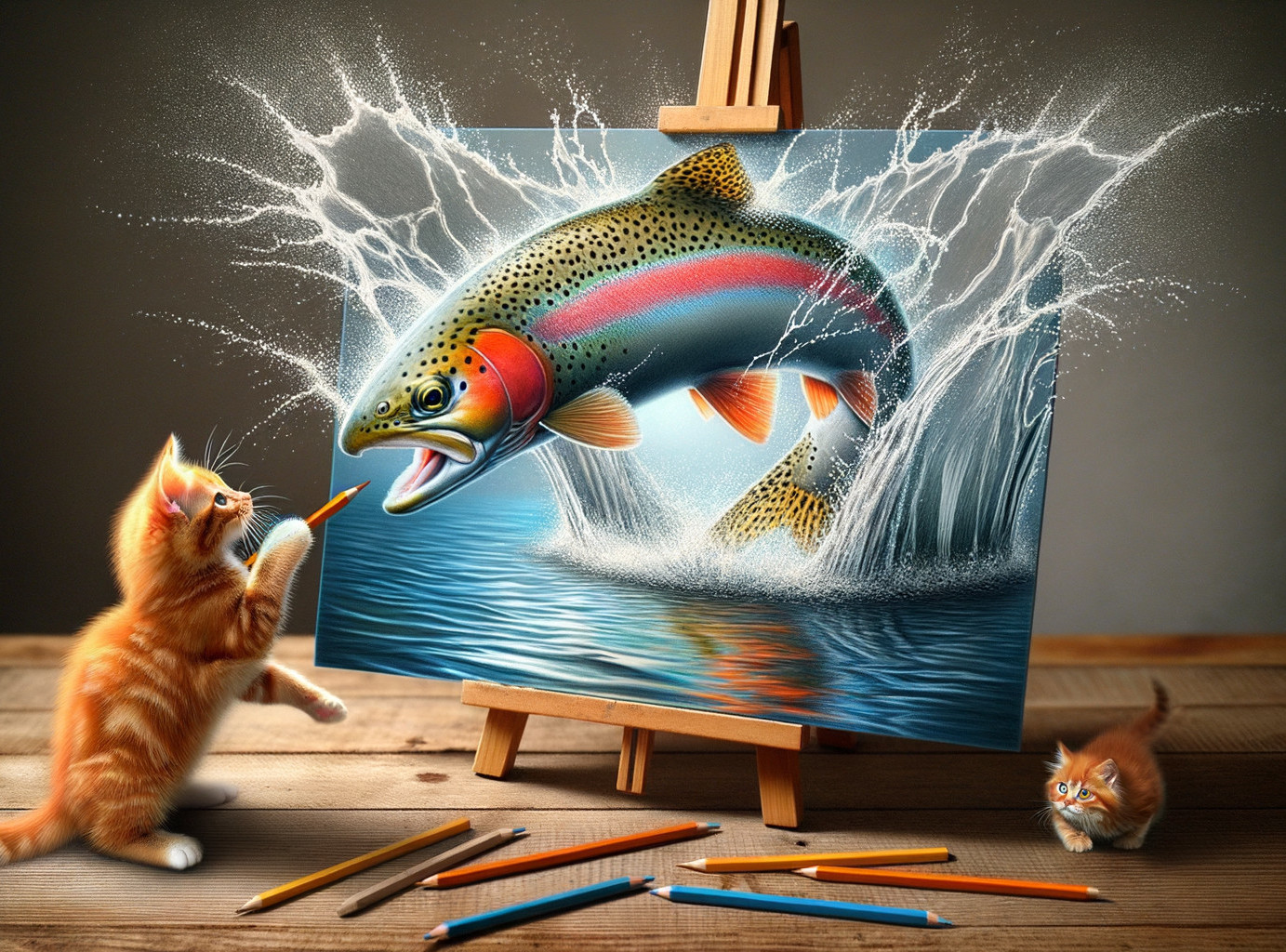 Realistic Trout Painting with Playful Kittens and Pencils