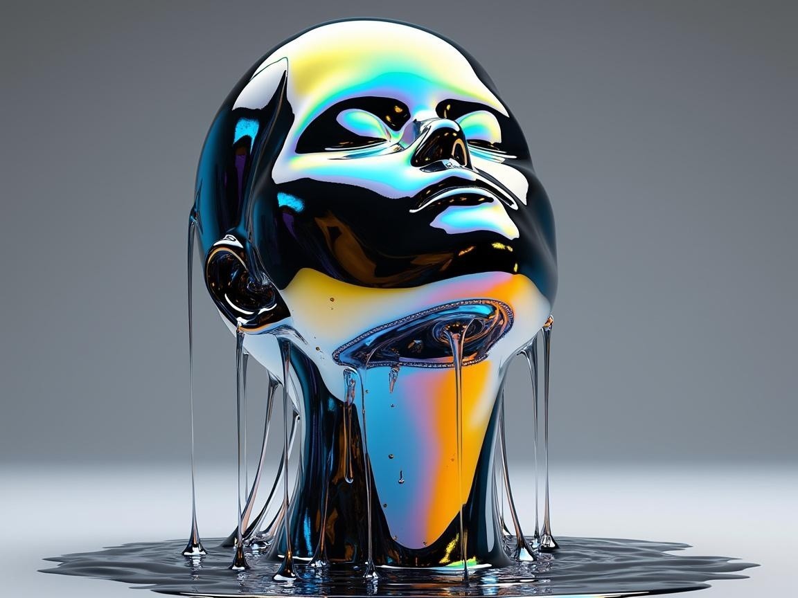 Futuristic sculpture of a reflective head with colors