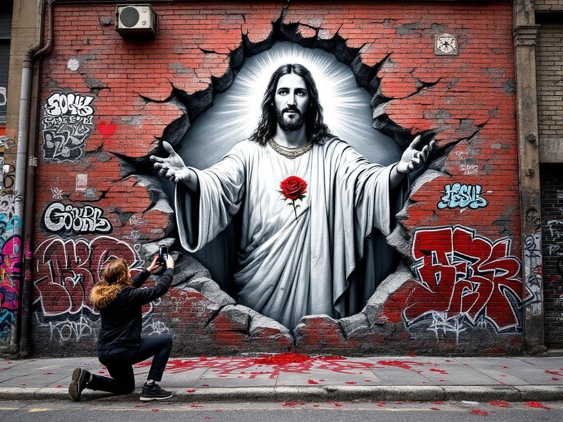 Mural of Jesus with Rose Against Urban Graffiti