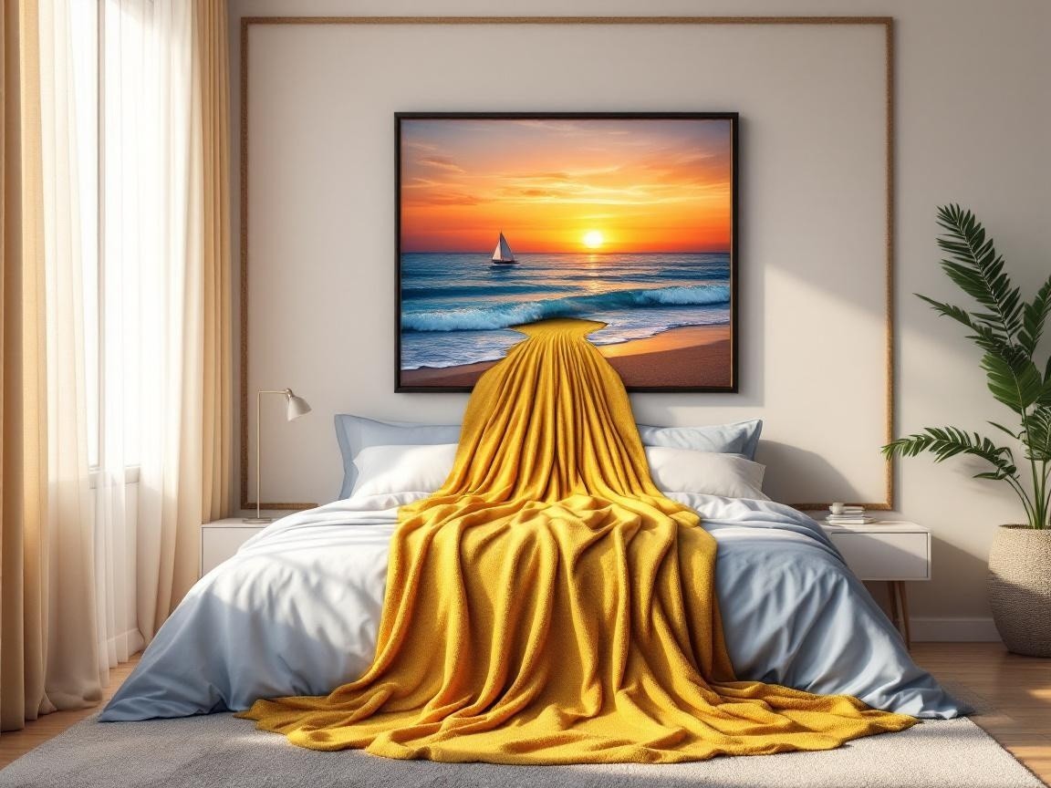Cozy Bedroom with Blue and Yellow Decor and Sunset Art