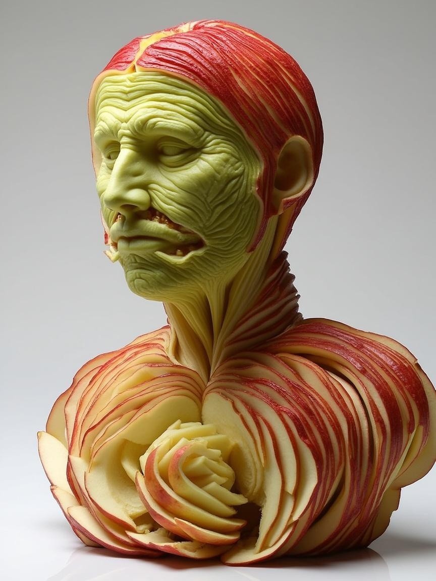 Sculpture of Human Bust Carved from Apples