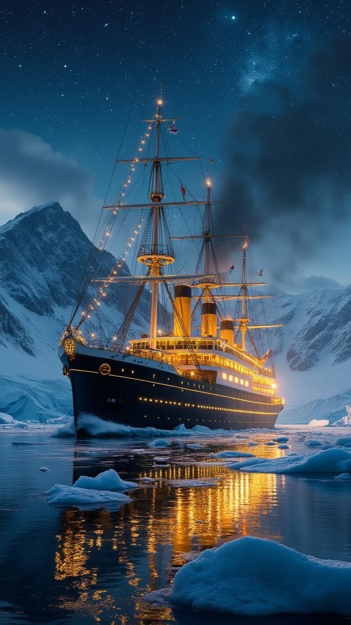 Majestic Icebreaker Ship in Icy Waters at Night