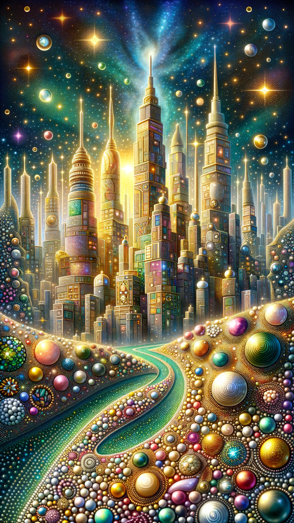 Futuristic Cityscape with Skyscrapers and Colorful Orbs