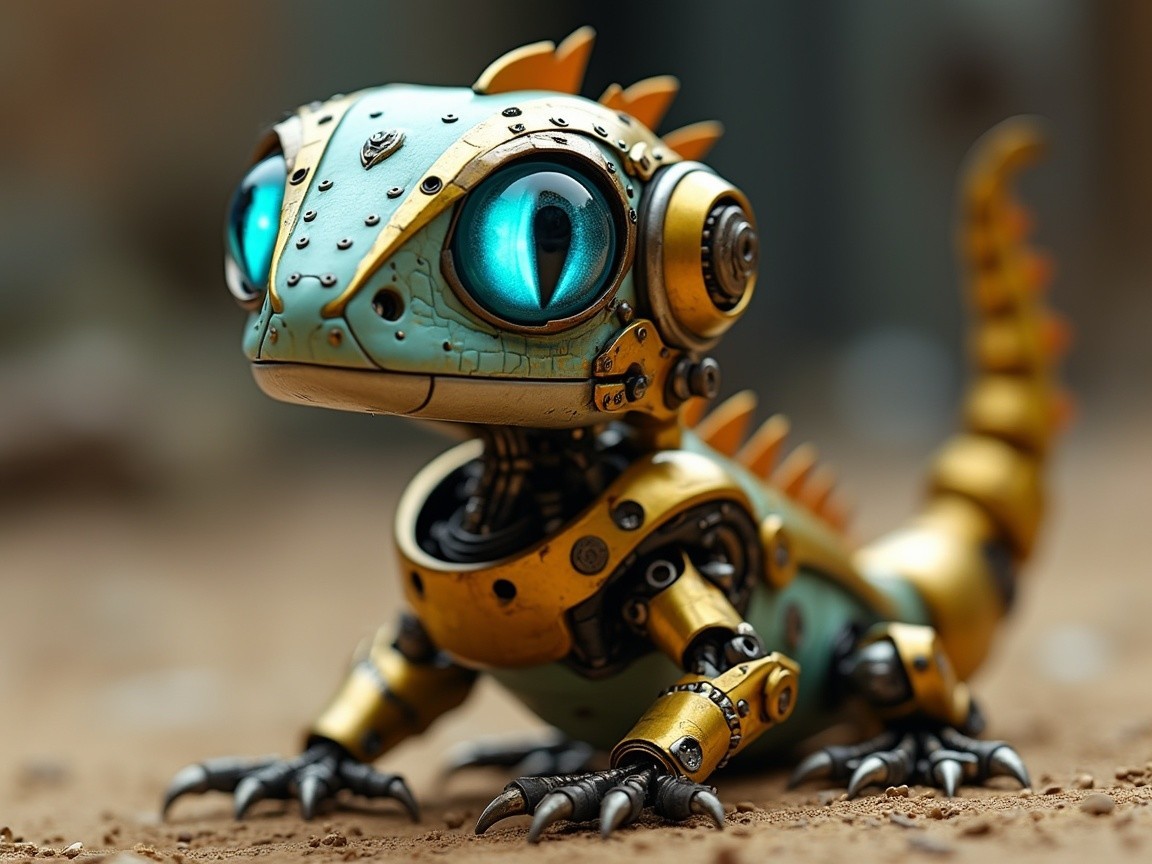 Whimsical Robotic Lizard with Teal and Gold Design