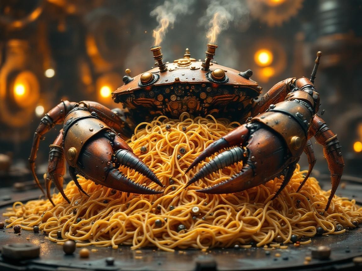 Steampunk Crab Surrounded by Whimsical Spaghetti