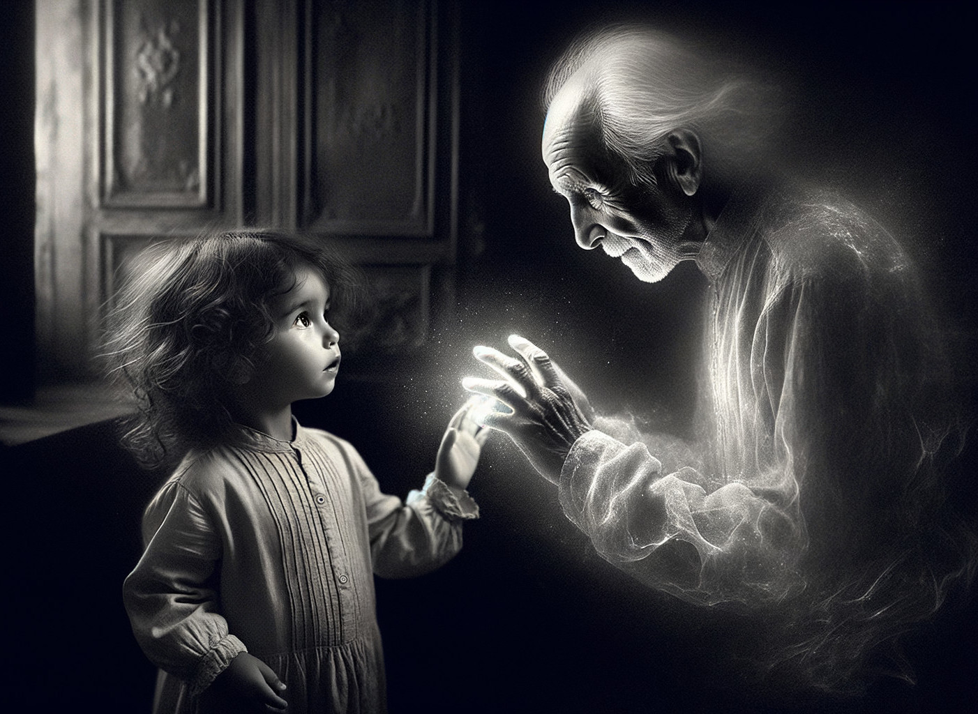 Curious Girl Meets Ethereal Elderly Figure in Scene