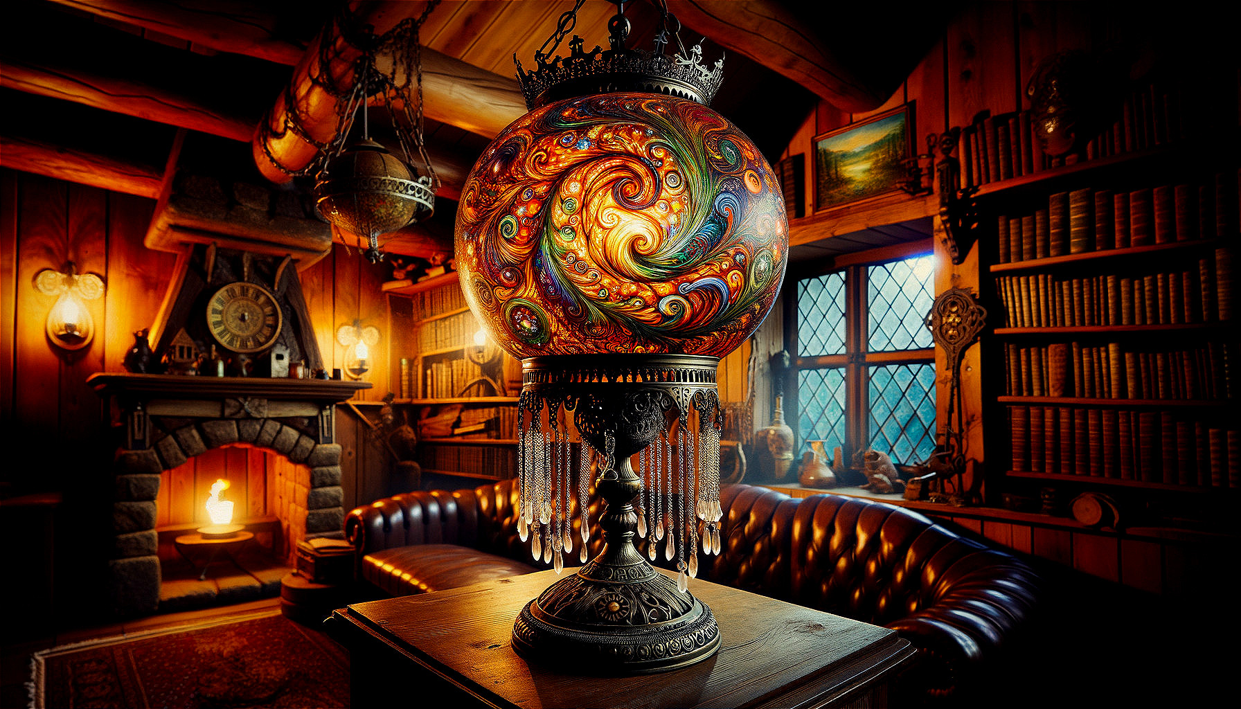 Ornate lamp in a cozy library with warm lighting