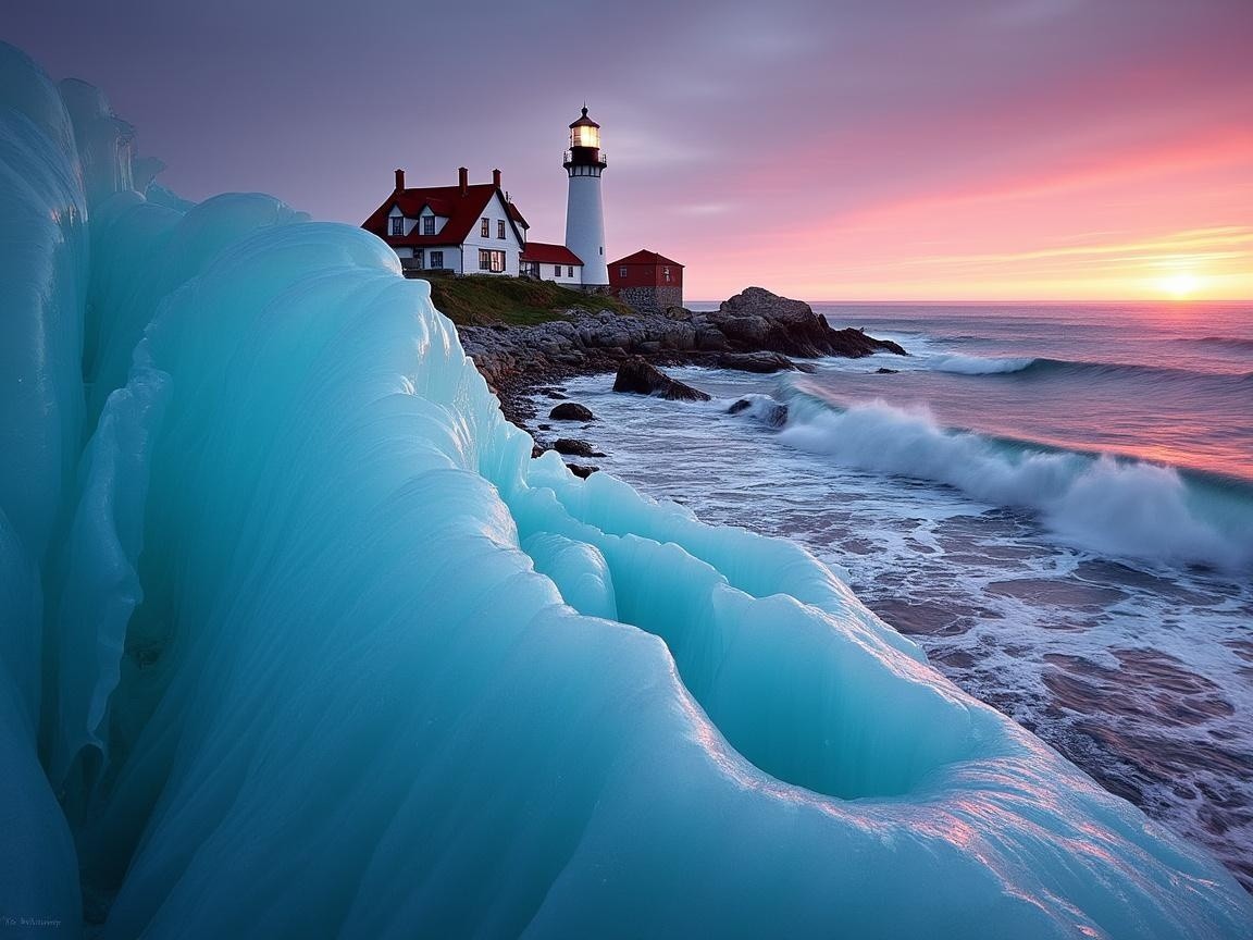 Coastal Lighthouse at Sunset with Waves and Ice Formations