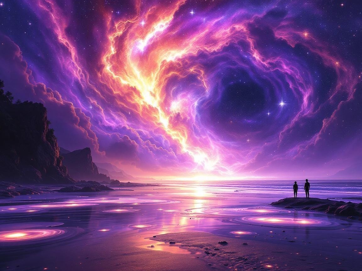 Twilight Cosmic Scene with Silhouettes on Beach