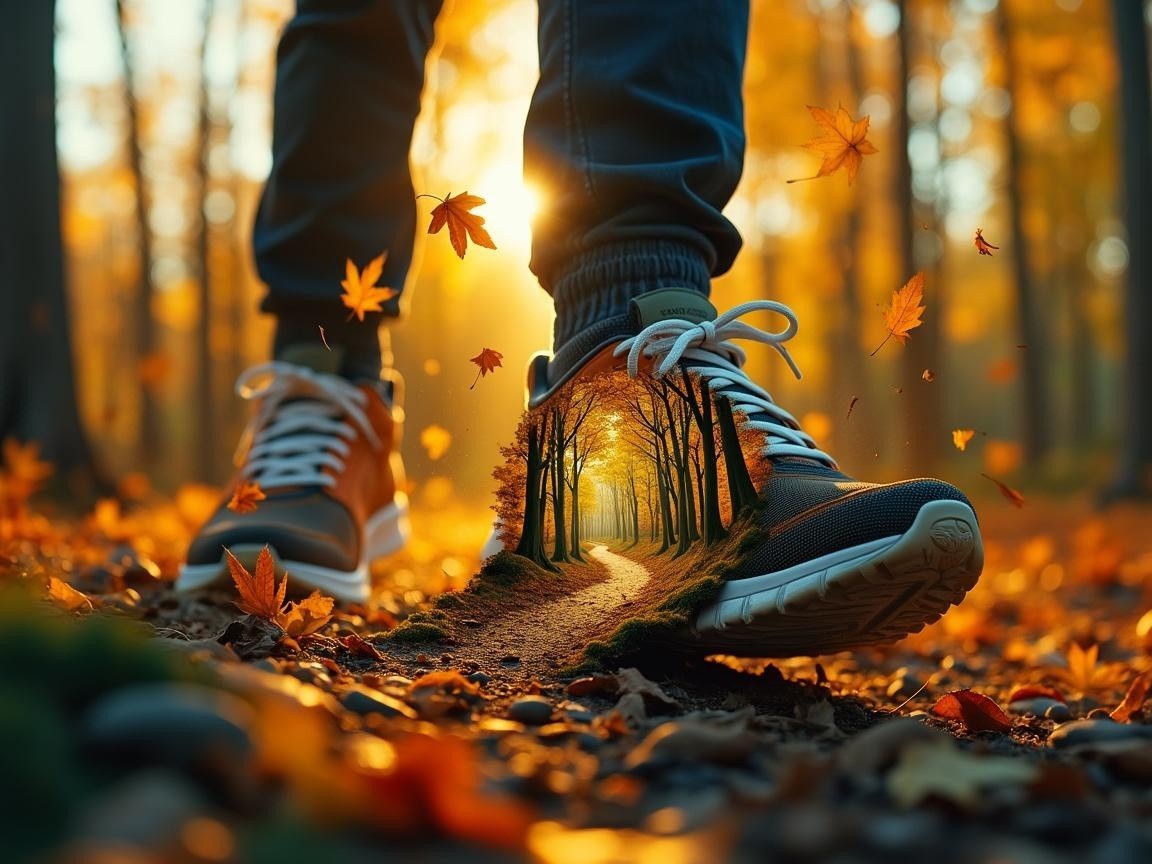 Sneaker Sole Merging with Autumn Landscape Path