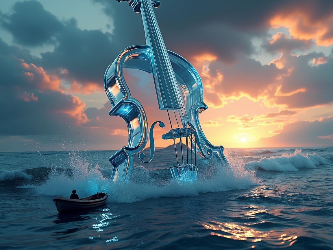 Translucent Violin Amidst Ocean Waves at Sunset