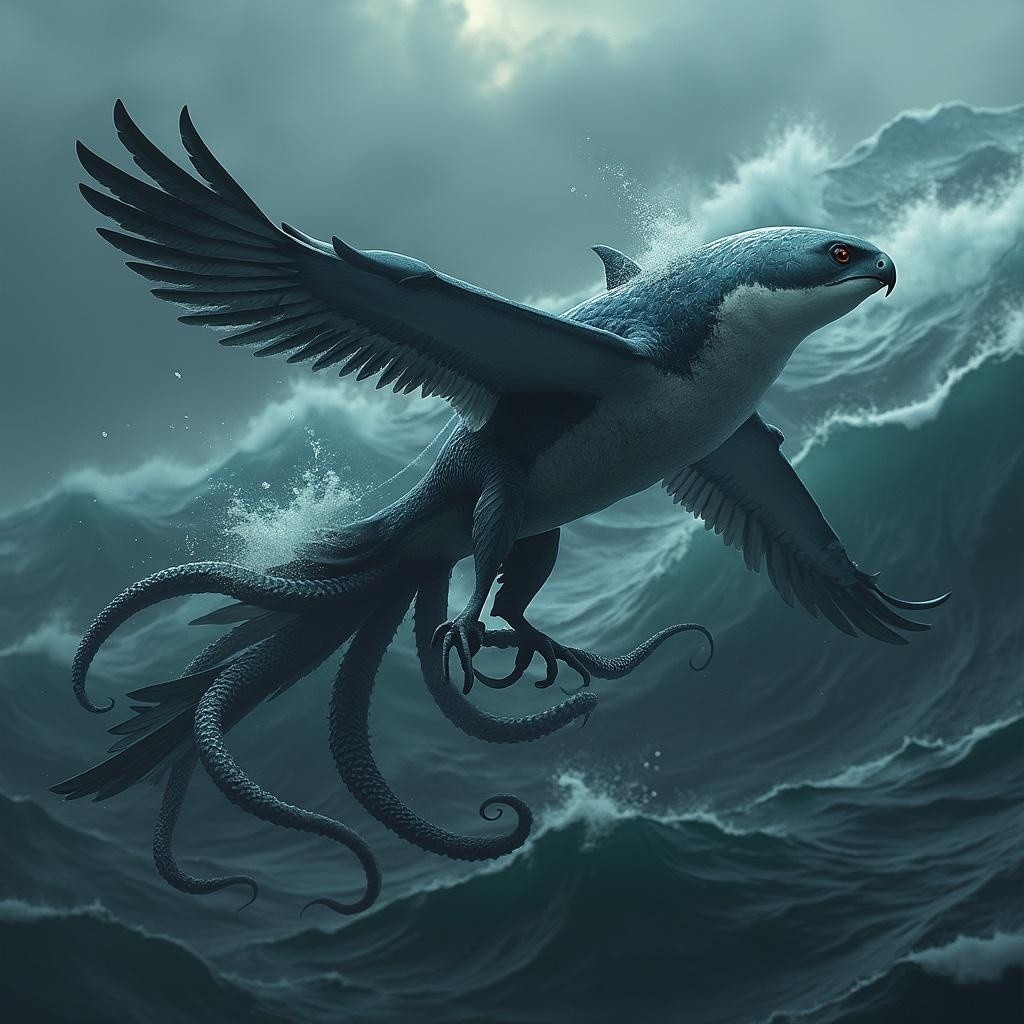 Mythical creature with wings and tentacles over ocean
