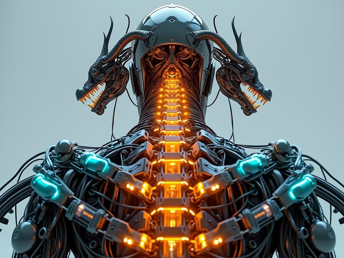 Futuristic humanoid robot with dragon-like features