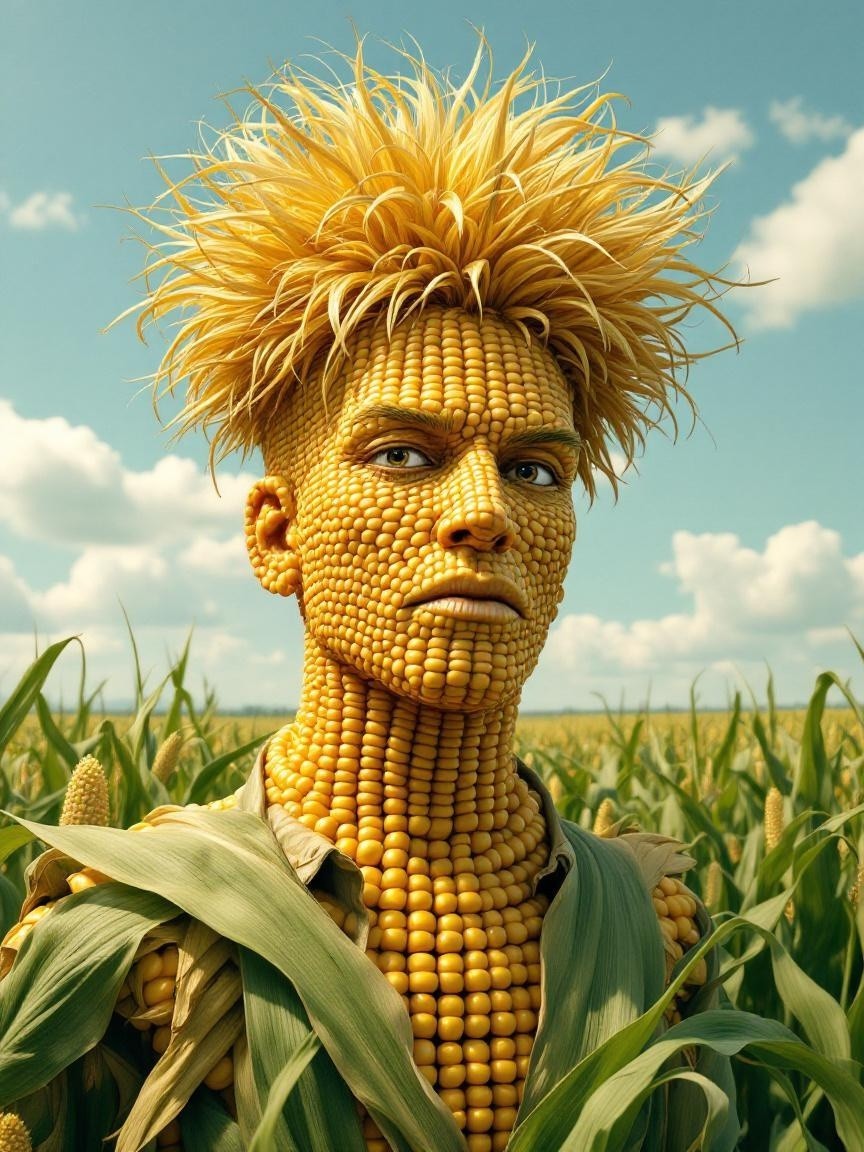 Surreal Figure in Vibrant Cornfield Landscape