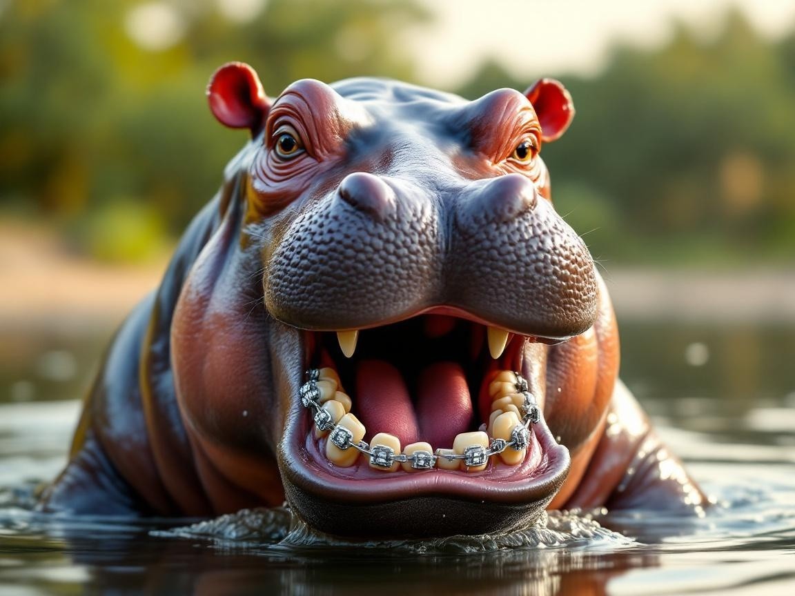 Whimsical Hippo with Metallic Braces in Nature Setting