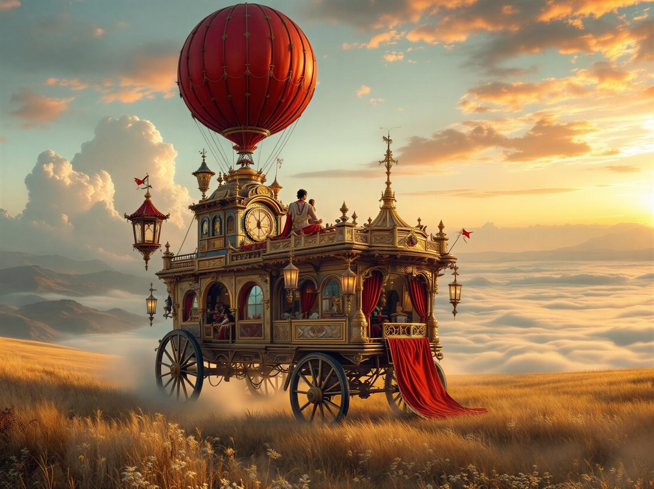 Vintage airship with red balloon and sunset backdrop