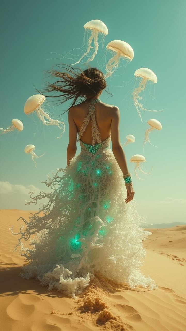 Woman in Ethereal Dress in Vast Desert with Jellyfish