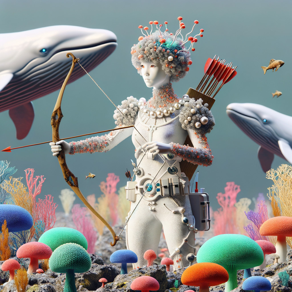 Surreal Underwater Scene with Humanoid Figure and Whales