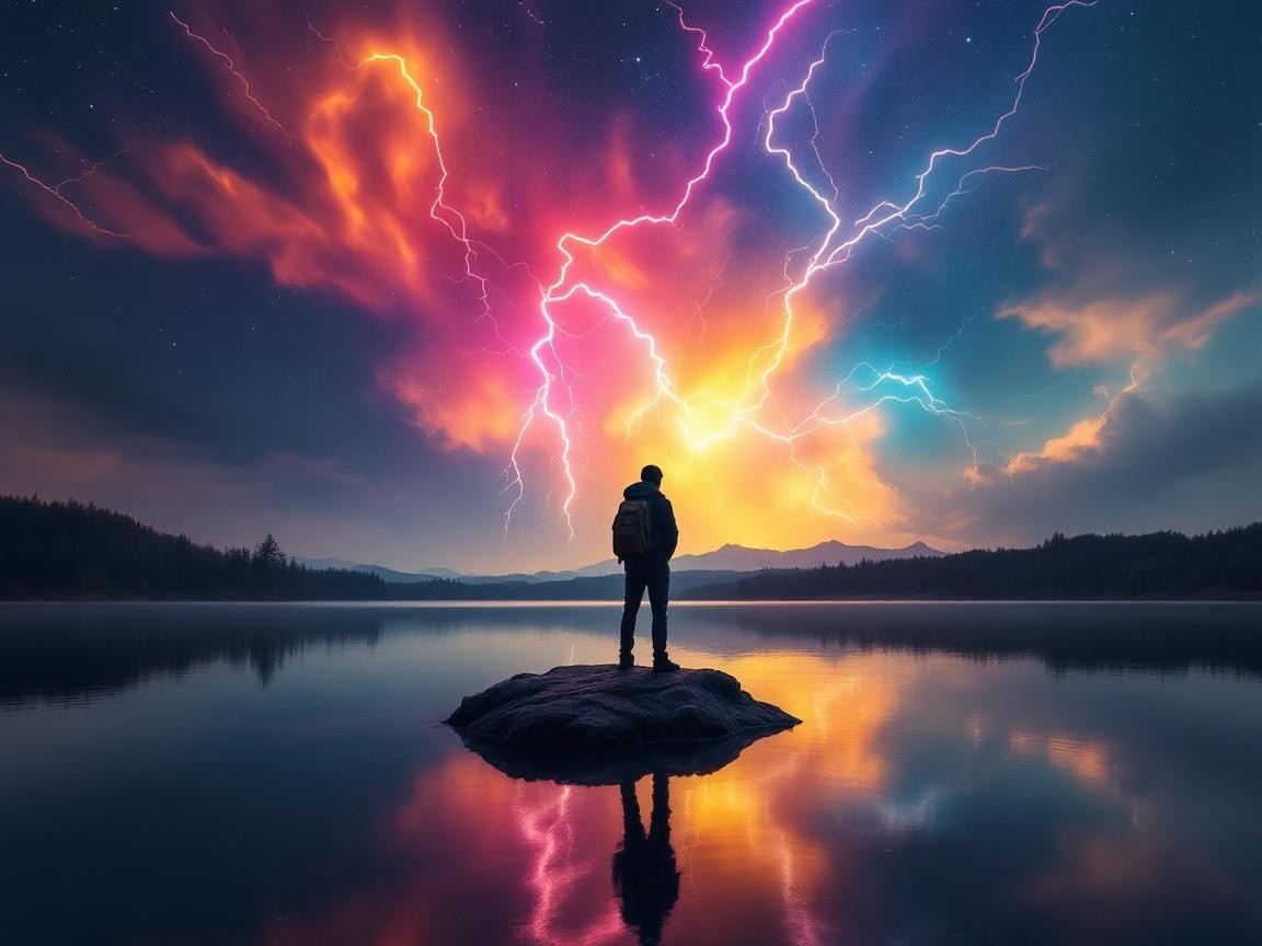 Lone Figure on Rock at Tranquil Lake with Dramatic Sky