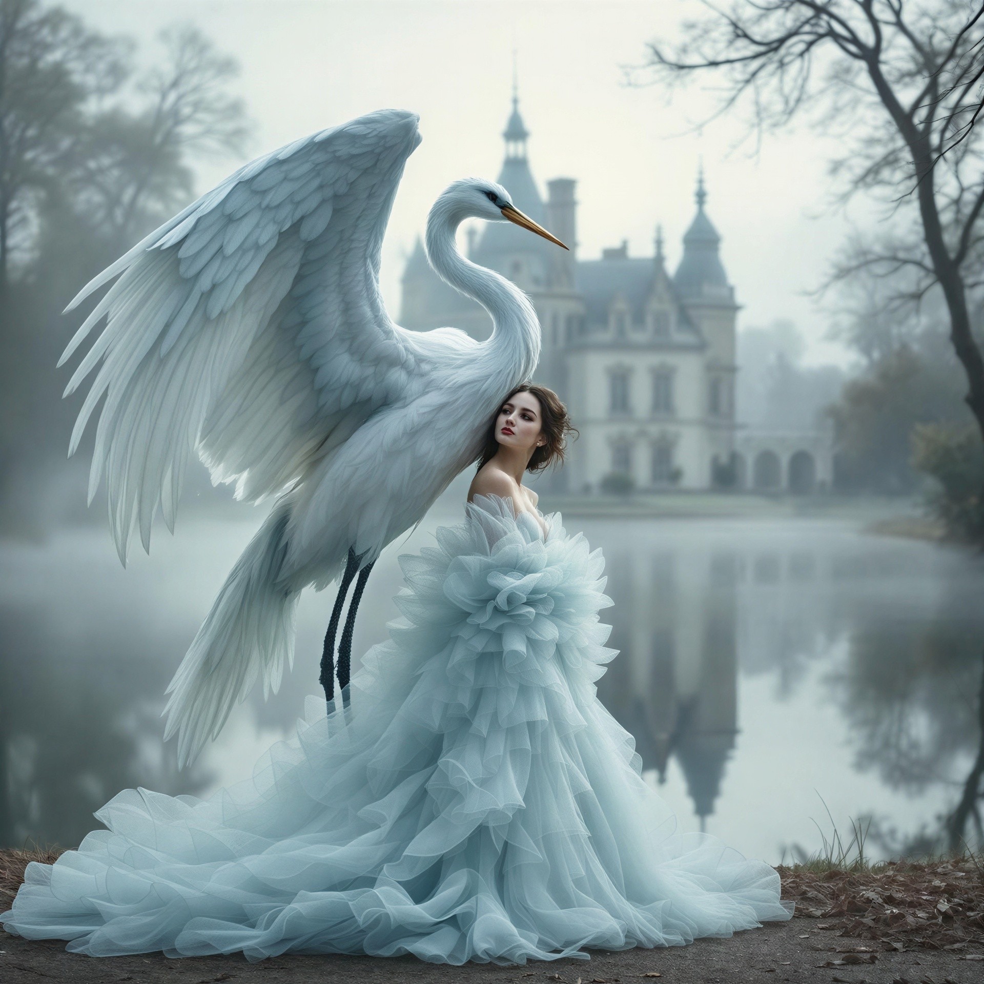 Ethereal Woman in Blue Gown by Serene Lake and Crane
